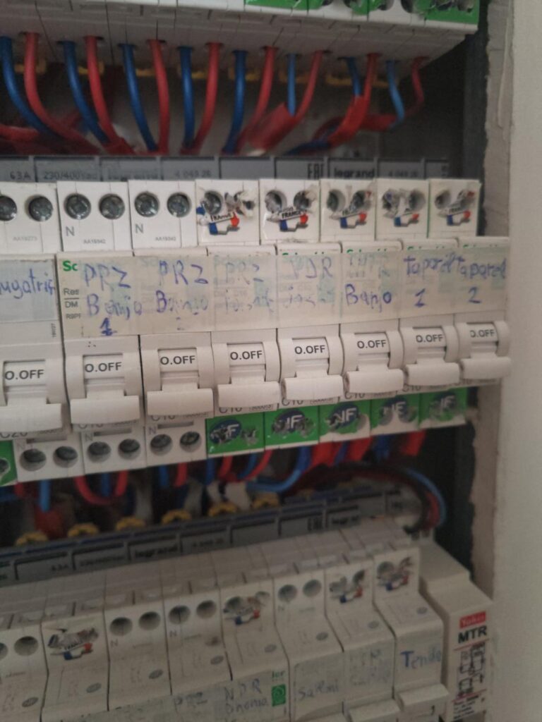 Rangée de disjoncteurs et câblage repéré dans un tableau électrique
